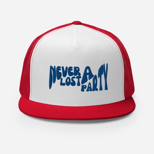 Never Lost a Party Flat Bill Embroidered Snapback Five Panel Trucker Cap