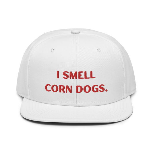 I Smell Corn Dogs Embroidered Flat Bill Snapback Hat | Ole Miss vs LSU Game Day Hat | White with Red