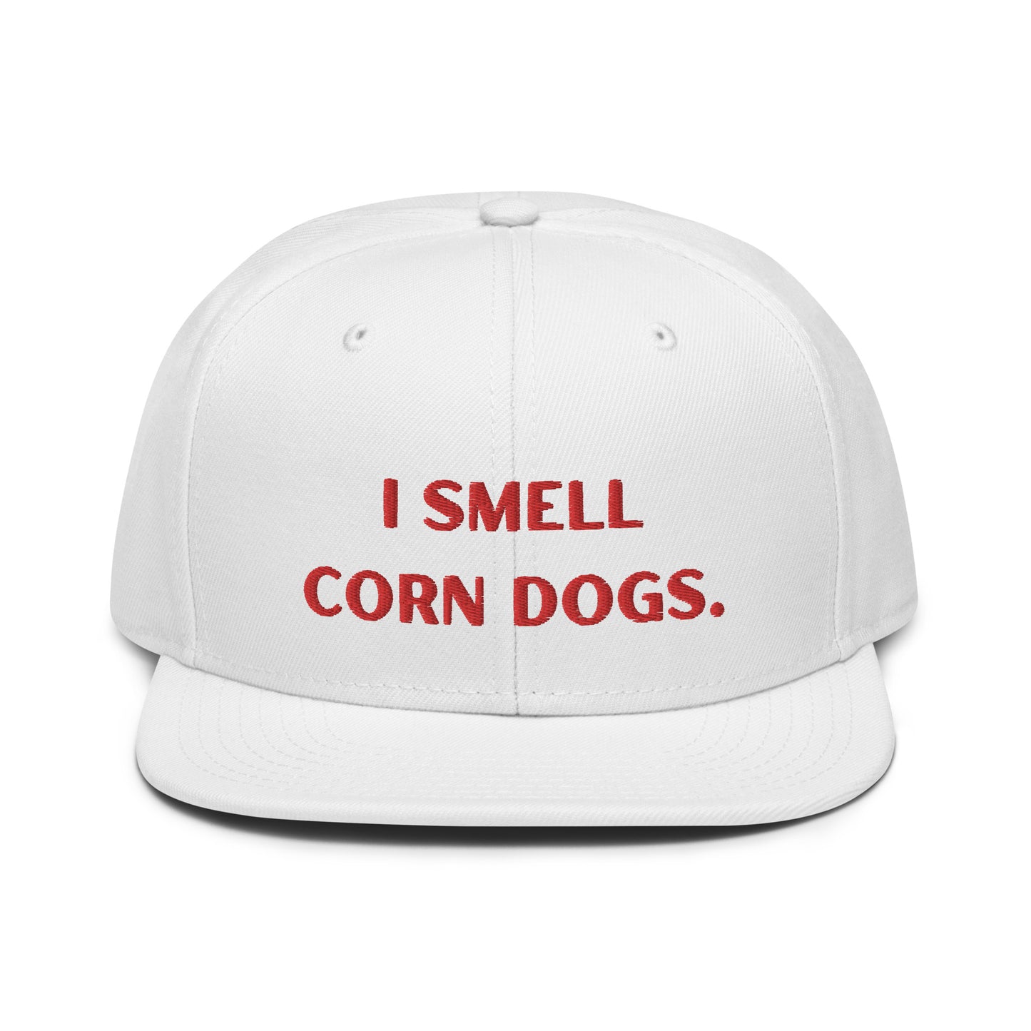 I Smell Corn Dogs Embroidered Flat Bill Snapback Hat | Ole Miss vs LSU Game Day Hat | White with Red